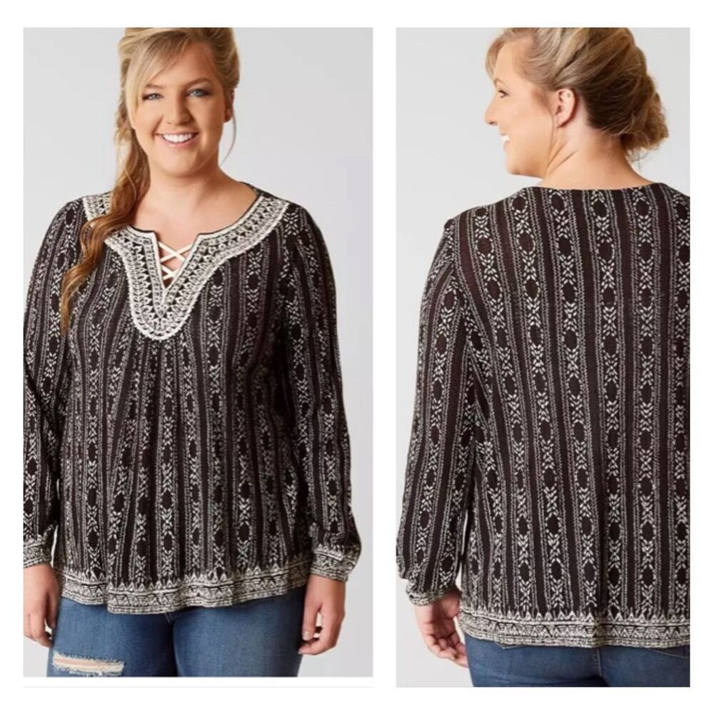 Lucky Brand Drop Needle Embroidered Boho Tunic Blouse womens 3X deep V black NEW